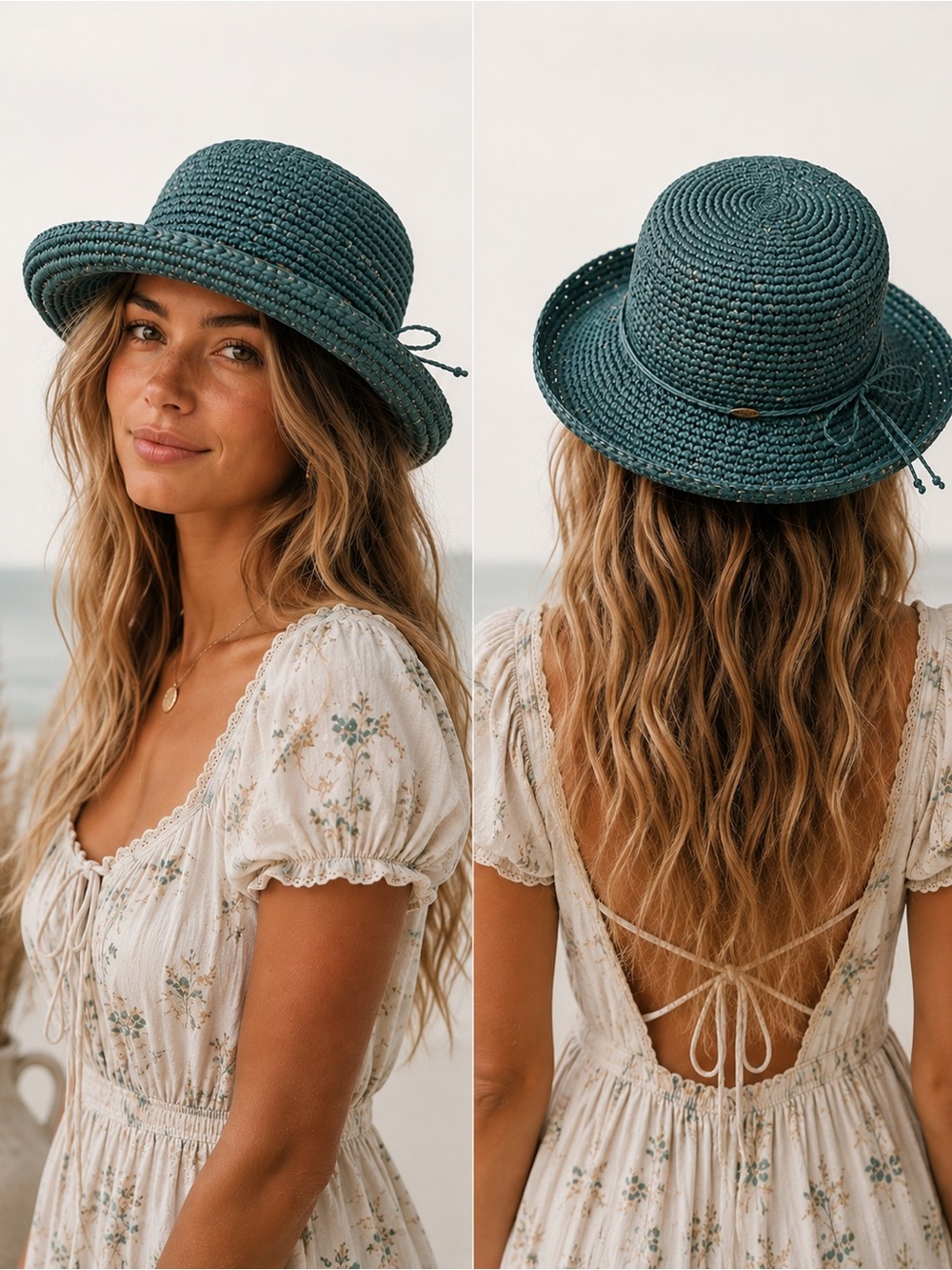 Scala Teal Blue Woven Hand Crochet Raffia Cottagecore Boho Straw Sun Hat OS